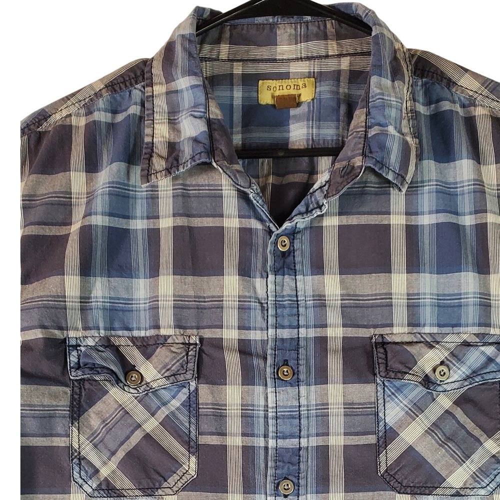 Sonoma‎ Life + Style Mens XL Blue Plaid Short Sleeve Button Down Shirt Pockets